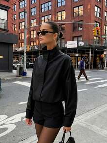 Women's Black Utility Style Cropped Stand Collar Jacket - Black - View 2