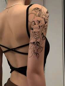 4pcs Paper Tattoo Stickers, Floral Pattern Paper Stickers, Novel Creative Waterproof Temporary Stickers, Suitable For Parties, Travel And Other Occasions, Applicable To Men's Chest, Back, Waist And Other Body Parts, Realistic Fashionable Men's Tattoos, Body Art Easy To Apply And Remove, Lasts 7-10 Days - Black - View 2