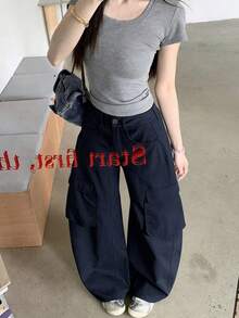 Washed Curved Leg Wide Leg Pants For Women, Loose Casual Fashion Versatile Long Pants - Navy Blue - View 3