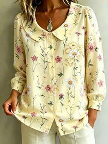 Elegante lässige französische süße Damenbluse mit Peter-Pan-Kragen, gelbem Ditsy-Blumenmuster, 2026 neu für Frühling/Sommer, langärmelig mit Puffärmeln, sanfter Stil, verjüngender Muster, für Pendeln, Dates, Urlaub, modisch vielseitig, atmungsaktiver Chiffon - Gelb - Übersicht 5