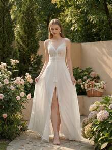 YOUKEFEIER Minimalist Sexy Backless Bohemian Style Outdoor Chiffon Wedding Dress White Dress Suitable For Wedding Party - Beige - View 5