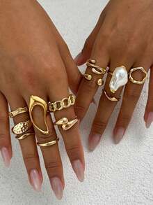 Set Of 11 Vintage Geometric Punk Style Rings For Women, Fashion Jewelry For Everyday Wear And Parties (Non-Adjustable, Do Not Bend, Sizes Marked) - Dorado 2 - View 1