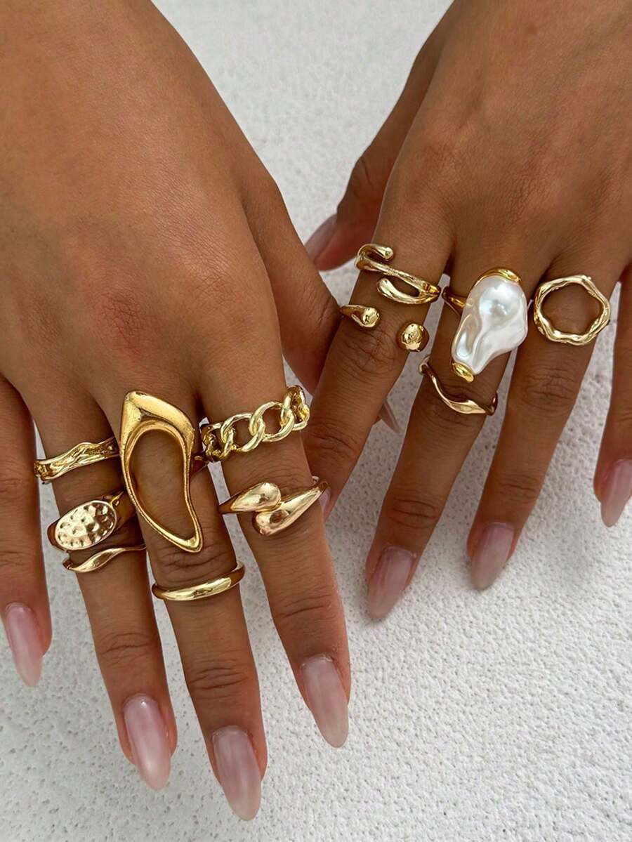Set Of 11 Vintage Geometric Punk Style Rings For Women, Fashion Jewelry For Everyday Wear And Parties (Non-Adjustable, Do Not Bend, Sizes Marked) - Dorado 2 - View 1