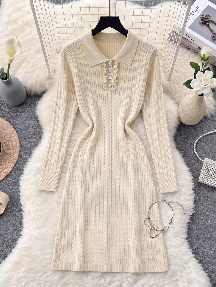 GIGOGOU Autumn Winter Women Polo Collar Ruffle Pearl Button Cable Knit Sweater Dress Long Sleeve Midi Rib Dress Outfit Soft Cozy Fall - Apricot - View 1