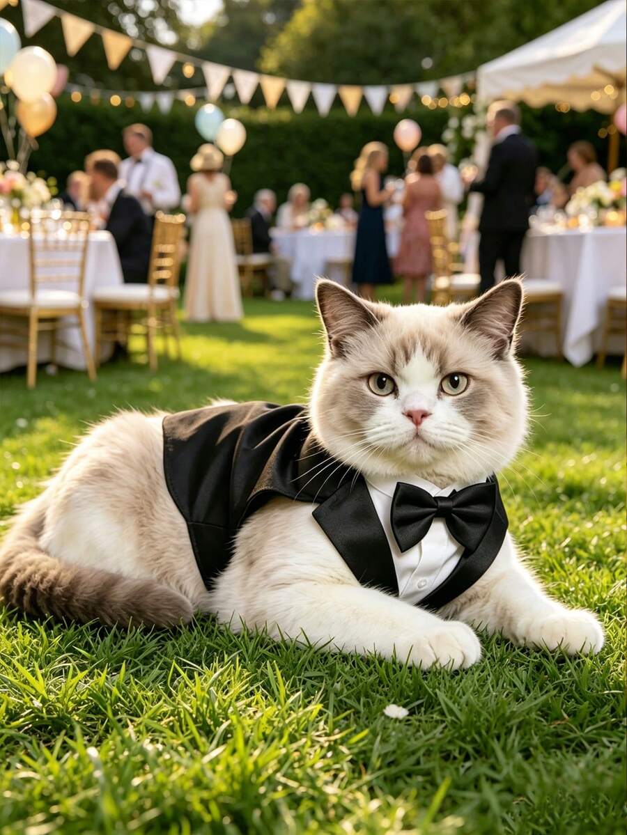 1 Set Pet Costume (With Bow Tie) - Fashionable Suit + Bow Tie Pet Apparel, Suitable For Dogs And Cats, Can Be Given As A Gift, Applicable For Various Occasions, Suitable For All Seasons - Black - View 1