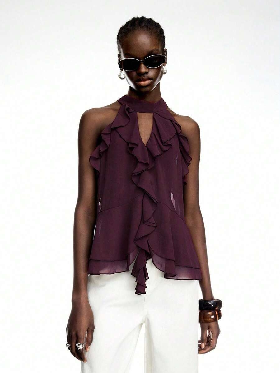 Nueva blusa de gasa con volantes y lazo en la espalda en color verde oliva - Diseño de estilo bohemio para el verano - Rojo violeta - Ver 1