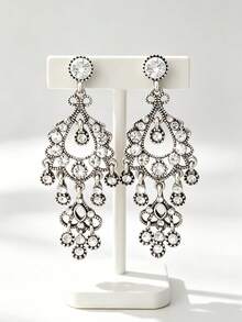 1 Pair Vintage Sweet Elegant Rhinestone Teardrop Tassel Earrings For Women, Holiday Birthday Date Party Banquet Vacation Shopping Daily Commute Accessory - Water Droplets - View 4