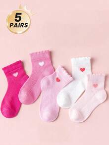 5/1 Pair Girls Mid-Calf Socks, Cute Pink Heart Design, Suitable For All Seasons Daily Wear, Back To School Socks, Gift, New Year - Multicolor - View 10