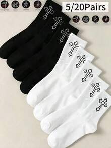 5/20 Pairs Men's All-Season Versatile Comfortable Simple Black And White Solid Color Pattern Mid-Calf Socks - Multicolor - View 1