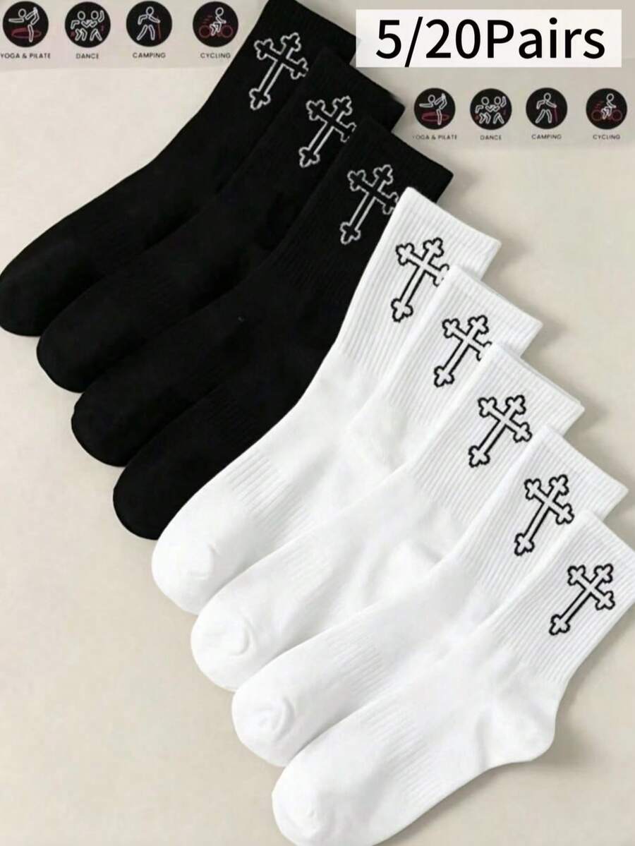 5/20 Pairs Men's All-Season Versatile Comfortable Simple Black And White Solid Color Pattern Mid-Calf Socks - Multicolor - View 1