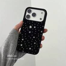 Autumn/Winter Black & Grey Denim Starry Pattern Phone Case Compatible With IPhone 17 Pro Max, 14, 17 Pro, 15 Pro, 16 Pro Max, 16, Soft Shockproof Protective Cover For Girls - Black - View 3
