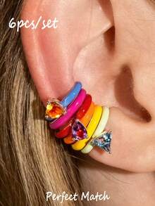 6 piezas de clips de oreja de arcoíris de esmalte colorido, sin perforación, con strass, aretes de estilo hip-hop, joyería versátil para uso diario, regalo para niñas - Multicolor - Ver 1