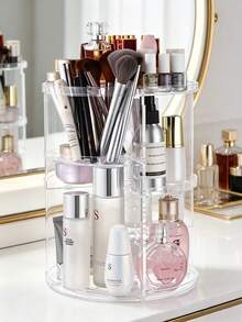 Organizador de cosméticos giratorio 360° DIY ajustable, soporte giratorio para maquillaje, caja de almacenamiento de cosméticos de gran capacidad, soporte para brochas de maquillaje, adecuado para mesa de tocador (transparente) - Multicolor - Ver 9