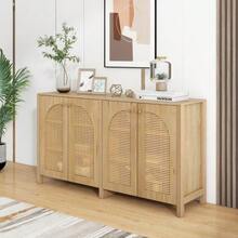 Modern Minimalist Sideboard With 4 Rattan Doors And Metal Handles; Simple Storage Unit For Dining Room, Living Room Or Kitchen (White) - 自然色 - 查看 3