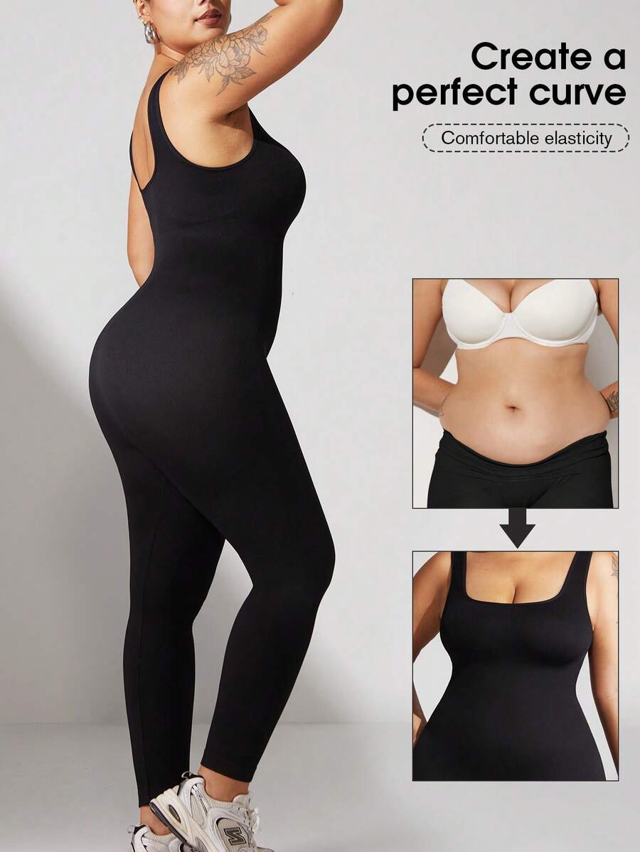 Plus Size Curve Woman Activewear Yoga Clothes Gym Sports High Support Tummy Control Gym Outfit Seamless Yoga Bodysuit Jumpsuit Rompers