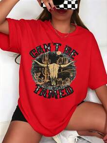 Women's Oversized T-Shirt With Western Bull Skull Graphic "Can't Be Tamed", Casual Summer Top, Country Style, Fashion Piece, Casual Blouses For Ladies - 紅色 - 查看 2