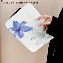 Blue And White Lily Pattern, Painted Effect Acrylic Crystal Tablet Protective Case, With Stand, Compatible With Samsung/Apple/Honor/ And Other Popular Models, Foldable And Anti-Bend, Silicone Reinforced Corners, Auto Wake/Sleep Function, Built-In Pen Slot, Multi-Angle Foldable Stand - - Style 14 - View 7