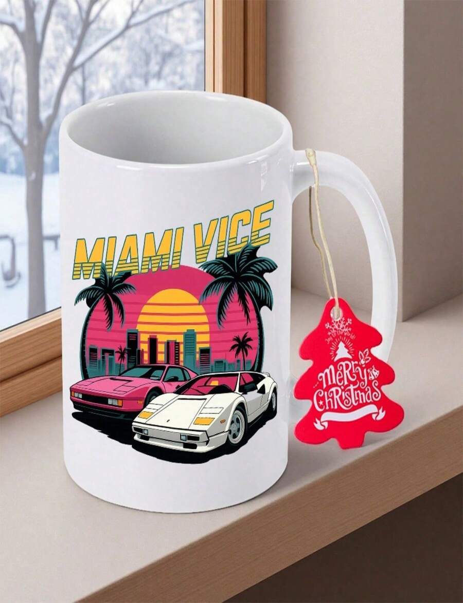 Miami Vice TV Show Coffee Mug - Retro Miami Vice Design With Miami Vice Car Miami Vice Lettering - 11oz Ceramic Cup With - 白色 - 查看 1