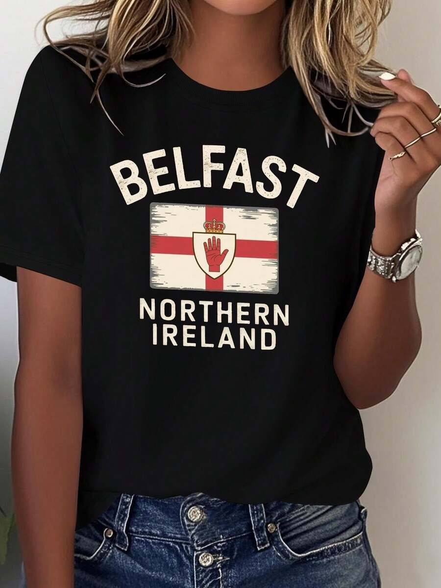 Belfast, Irlanda del Norte - Corte casual, con texto de Belfast y diseño de la bandera tricolor de Irlanda del Norte, una excelente opción para ropa de temática irlandesa, hecha de algodón. - Negro - Ver 1