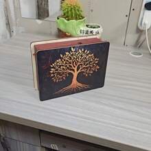 1pc Decorative Handmade Wooden Piggy Bank, Reusable Vintage Wooden Coin Box, 2D Rectangular Coin Box With Golden Tree Pattern, For Home & Office Decor - Multicolor - View 7
