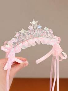 1pc Pink Star Crown Headband For Girls, Ribbon Hair Accessory, Non-Tight Headband, Ethereal Sweet Ribbon Hair Ornament, Anti-Slip, Versatile Decorative Headband For Photos - Multicolor - View 12