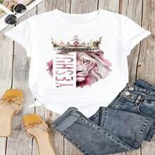 Lion Queen Graphic T-Shirt, 100% Cotton Oversized Soft Breathable Casual Crewneck Short Sleeve Top, Aesthetic Summer Vibes Streetwear Tee For Women & Animal Lovers - 白色 - 查看 18
