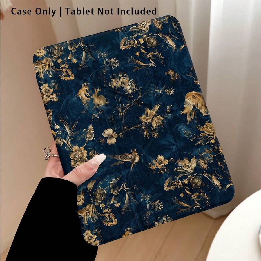 Floral And Rabbit Pattern Painted Effect Acrylic Crystal Tablet Protective Case, With Stand, Foldable Anti-Bend, Silicone Reinforced Corners, Auto Wake/Sleep Function, Built-In Pen Slot, Multi-Angle Foldable Stand - - Style 15 - View 1
