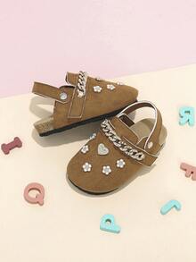 Zapatos tipo mule para niñas color camello con cadena de strass y lazo de strass, hebilla decorativa 3D, adecuados para todas las estaciones, espalda abierta y punta cerrada - Camel - Ver 4