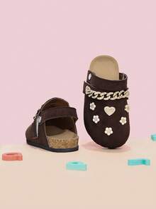 Zapatos tipo mule para niñas en color marrón café con cadena de strass y lazo de strass con hebilla decorativa 3D, adecuados para todas las estaciones, zapatos de punta cerrada con espalda abierta y sin cordones - Café integral - Ver 2