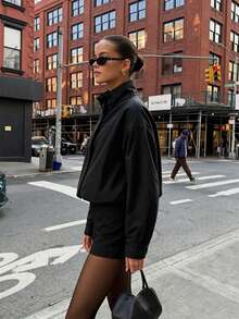 Women's Black Utility Style Cropped Stand Collar Jacket - Black - View 3