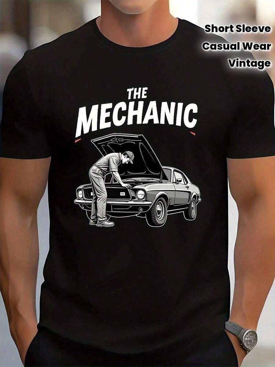 Camiseta Vintage de Mecánico de Autos para Hombres - Impresión de Motor Automotriz y Caja de Herramientas con Diseño de Capó de Coche Clásico, Camiseta de Manga Corta de Cuello Redondo en Gr - Negro - Ver 1