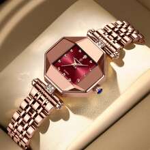 POEDAGAR 1pc Women's Hexagonal Ruby Waterproof Luminous Rhinestone Scale Rose Gold Stainless Steel Strap Fashion Quartz Watch, Valentine's Day Gift - Red - View 1
