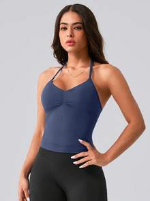 NcmRyu Top deportivo de mujer de una pieza, color liso, cuello halter, tirantes de espagueti ajustables, escote en V, fruncido y espalda descubierta - Azul Marino - Ver 5