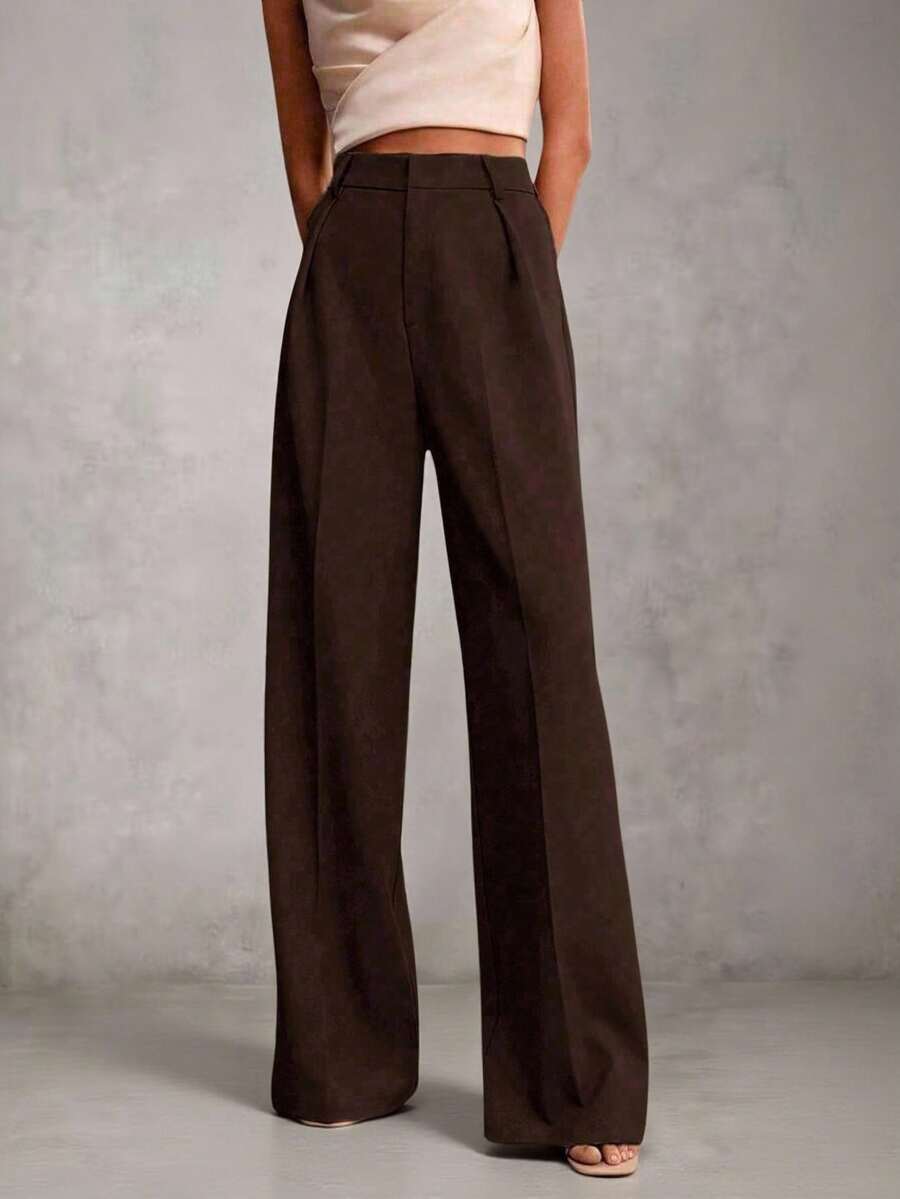 Elegant Women's Wide-Leg Pants - Features Inner Lining - Coffee Brown - View 1