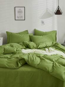 Solid Green Skin-Friendly Brushed Duvet Cover Set 3pcs (1*Duvet Cover + 2*Pillowcases, No Filling), Machine Washable, All Seasons, Suitable For Bedroom, Soft And Comfortable - Green - View 9