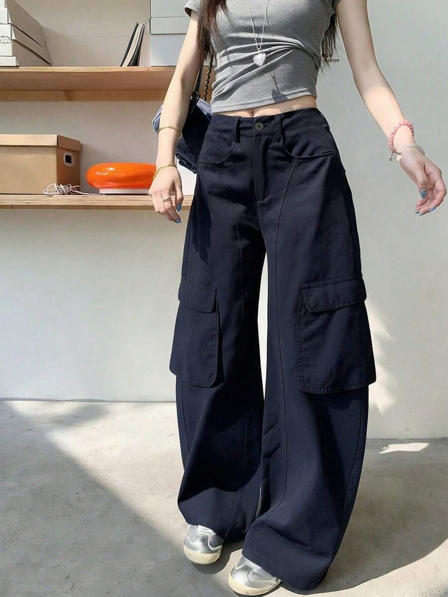 Washed Curved Leg Wide Leg Pants For Women, Loose Casual Fashion Versatile Long Pants - Navy Blue - View 1