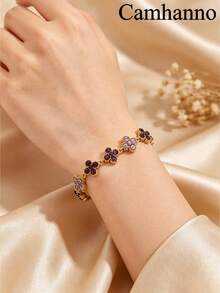Camhanno 1pc European And American Luxury Style Stainless Steel 18K Gold Plated Four-Leaf Clover Rhinestone Bracelet, Multiple Color Rhinestones Available, Non-Fading, Exquisite Fine Chain, Versatile For Commuting, Women's Jewelry Gift For Best Friend, Daily Accessory - Gold 5 - View 2