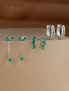 3 Pairs/6pcs Set Exquisite Leaf Zirconia Small Earring Set, 18K Gold Plated, Unique Adjustable Ear Cartilage Studs, Ear Piercing Jewelry - 6pcs Earrings Set - View 6