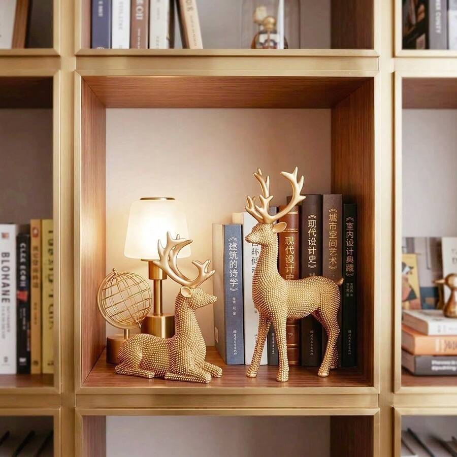 Luxury Gold Beaded Reindeer Figurine Set (2pcs, Standing And Lying) - Modern Textured Deer Sculpture, Elegant Home Decor For Tabletop, Bookshelf, Mantel, Nordic Style Artistic Statue, Unique Housewarming Holiday Gift - Spotted Deer - View 1