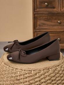 MonaNise Square Toe Low Block Heel Work Pumps - Brown - View 4