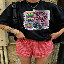 Heartfelt Retro Vibe Graphic T-Shirt 100% Cotton Oversized Soft Breathable Casual Crewneck Short Sleeve Top Daily Casual Cute Aesthetic Daily Fashion Lovers Casual Wearers Daily Outfit Enthusiasts Gift Givers - 黑色 - 查看 18