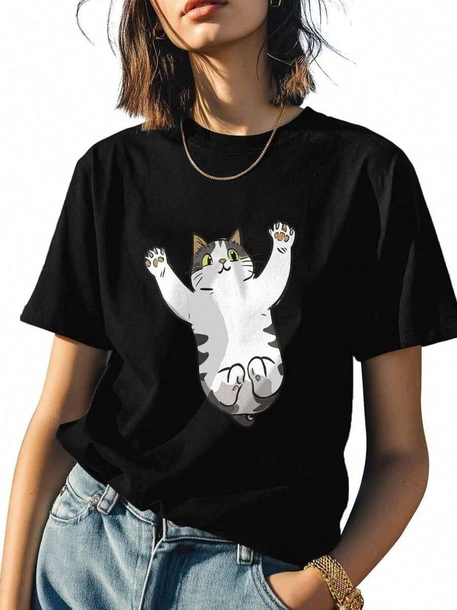 New Summer Cartoon Print T-Shirt, Cotton Graphic Crew Neck T-Shirt, Casual Short Sleeve T-Shirt For Women. 1 Piece - Black - View 1