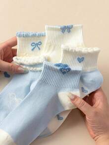 1/5 pares de calcetines finos para mujer con patrón de lazo azul y amor, calcetines de barco dulces y lindos, adecuados para usar en primavera y verano - Multicolor - Ver 8