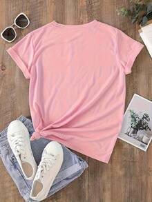 [Pantalones Estampados - No Tela de Imitación de Denim] Cómodos, Transpirables, Frescos, Camiseta con Estampado de Imitación de Denim, Mangas Cortas - Rosa - Ver 2
