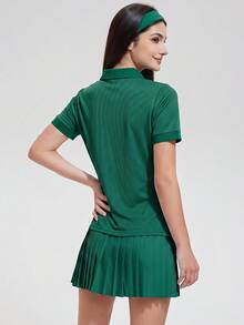 KyrLssu 女款素色領口短袖 Polo 衫，女款匹克球高爾夫網球運動套裝，休閒夏季 T 恤，適合健身、戶外、日常工作 - 綠色 - 查看 2