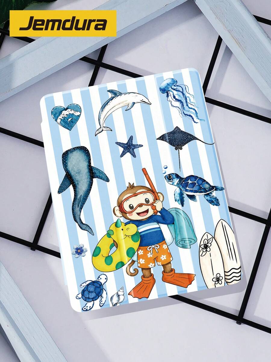 Blue Striped Patchwork Little Monkey, Ocean Pattern Tablet Protective Case, Tri-Fold Stand Protective Cover, Compatible With IPad 10.2 Inch Pro 2021/2020 9th/10th Gen/ (A16) 11 Inch 11th Gen 2025, Galaxy Tab A8 10.5 Inch 2022, Matepad 10.4/ Tab/, Anti-Drop, With Pen Slot, Supports Sleep/Wake, Gift For Kids / Gift For Family