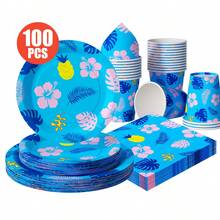 100/25/10件組 藍色夏日島嶼一次性餐盤紙巾杯子，一次性派對用品套裝，適合25位賓客，一次性紙盤派對餐具，適用於生日婚禮主題派對家庭野餐 - 彩色 - 查看 1