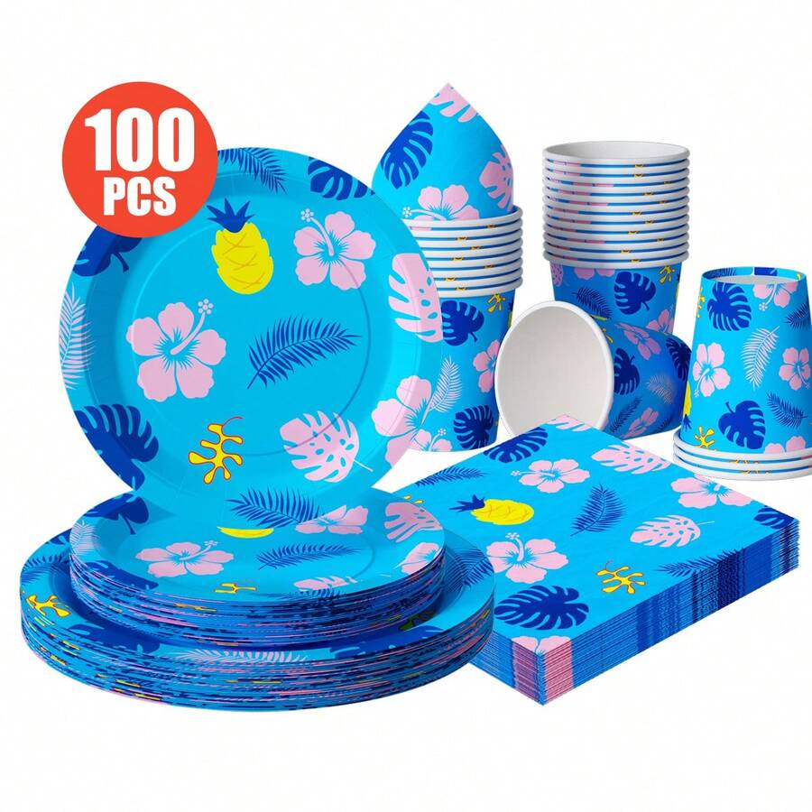100/25/10件組 藍色夏日島嶼一次性餐盤紙巾杯子,一次性派對用品套裝,適合25位賓客,一次性紙盤派對餐具,適用於生日婚禮主題派對家庭野餐 - 彩色 - 查看 1
