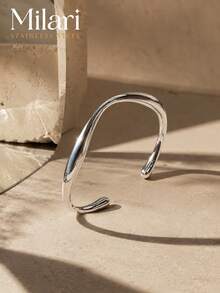 18K Gold Plated Stainless Steel Waterproof Tarnish Free Wavy Liquid Metal Waterdrop Open Cuff Hinged Bangle Set Minimalist Fashion Jewelry - Liquid Metal Art - View 7