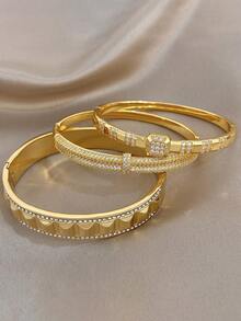 18K Golden Plated Minimalist Asymmetrical Bangle Bracelet Sets For Women Luxury Zirconia Bangle For Valentine'S Day Party Festival Jewelry Gifts - Multicolor - View 6